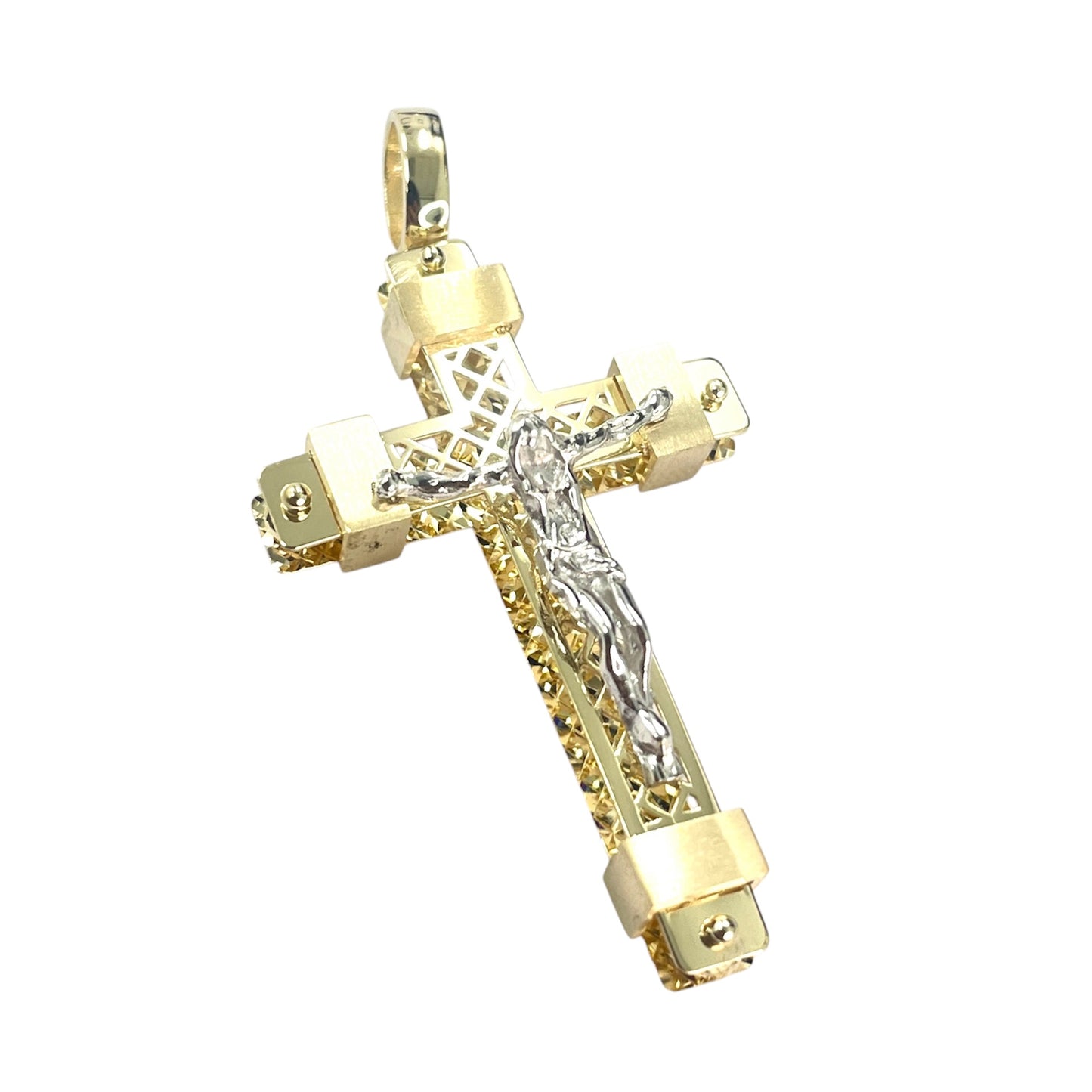 14K Two-toned Carved Mended Crucifix